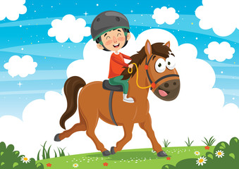 Obraz premium Vector Illustration Of Child Riding Horse