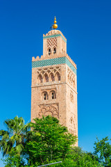 View for the biggest mosque in Marrakech known as Koutoubia Mosque or Kutubiyya Mosque.