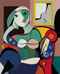 Colorful abstract background, inspired by Picasso, woman in armchair - obrazy, fototapety, plakaty