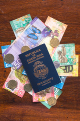 Flat lay of coin and paper currency from Costa Rica, with Costa Rican passport. 
