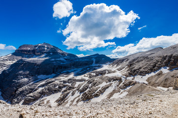 Piz Boe peak, 3152 m, in Sella massif, Dolomiti, Italy. View of rocky landscape from the hiking path.