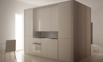 Minimalism, modern kitchen with wooden wall, oven, sink with faucet, travertine marble floor, white interior design