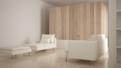 Minimalism, modern living room with wooden wall, sofa, chaise longue and pouf, travertine marble floor, white interior design