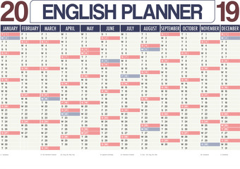 2019 United Kingdom english planner calendar with vertical months, note space and holidays for England, Northern Ireland, Scotland and Wales. 