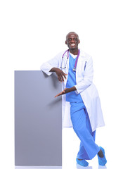 Male doctor holding empty placard. Doctor. Billboard