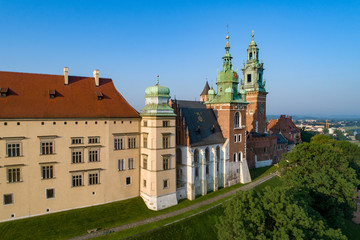 Wawel Cathedral at Historic royal castle in Cracow, Poland.  Aerial view in sunrise light early in the morning in summer