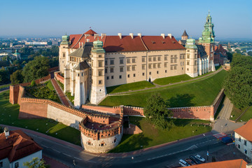 Historic royal Wawel castle and cathedral in Cracow, Poland.  Aerial view in sunrise light early in the morning in summer
