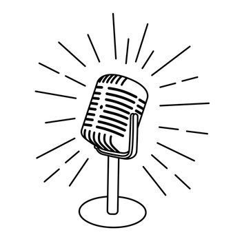 recommend clip art: Old vintage microphone icon isolated on white background. Design element for logo, poster, emblem, sign. Vector illustration.white background.Outlines