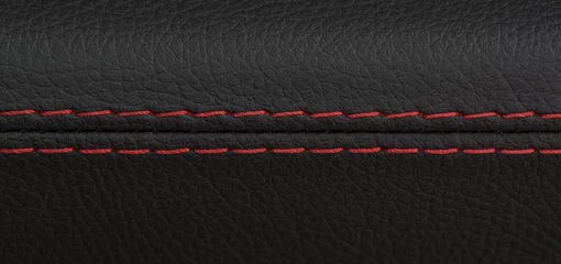 Fotobehang close-up shot van zwart lederen autostoeltje met rode steek, luxe sportwagen © serikbaib