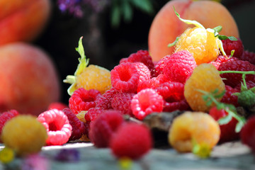 Still life with red and yellow raspberries and peaches. Fruit on a wooden table. Against the background of a bouquet of wildflowers. Close-up. Selective focus, side view, copy space.