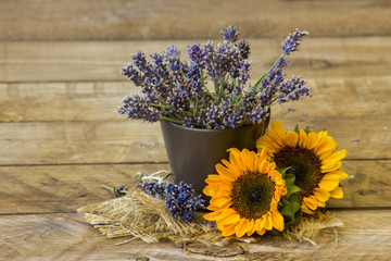 sunflowers and lavender in a vase