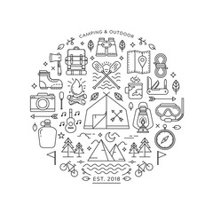 Round design element with Camping and Hiking icons