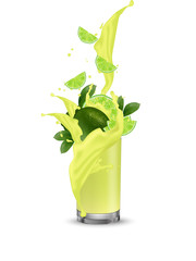 Splash of lemon, lime juice. 3d realistic vector EPS 10. Packaging template. Brand advertising. Splash swirl in the realistic glass. Lemon and lime slices falling into the glass cup