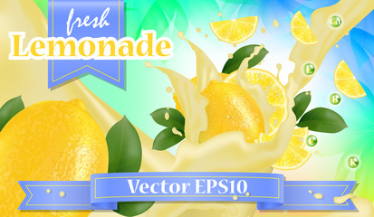 Vector ads 3d promotion banner, Realistic lemon and  fruit splashing with falling slices, juice drops, vitamins, leaves. Mock up for juice, ice cream, yogurt brand advertising. Label poster