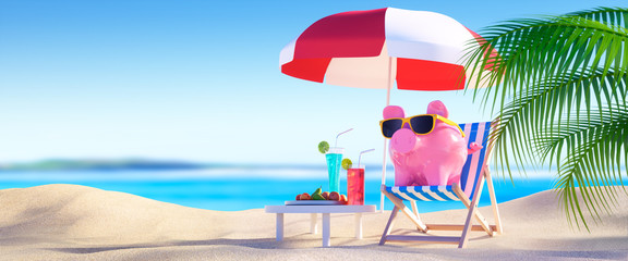 Sparschwein mit Cocktails am Strand - Querformat