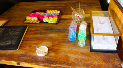 sewing accessories for embroidery silk threads on the table