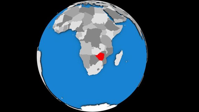 Zimbabwe coming forward towards camera on gently rotating political globe. 3D animation.