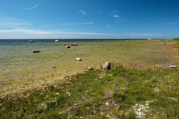 rocky sea beach with waves and sunny day