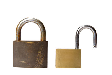 Open and closed padlock isolated on white background.