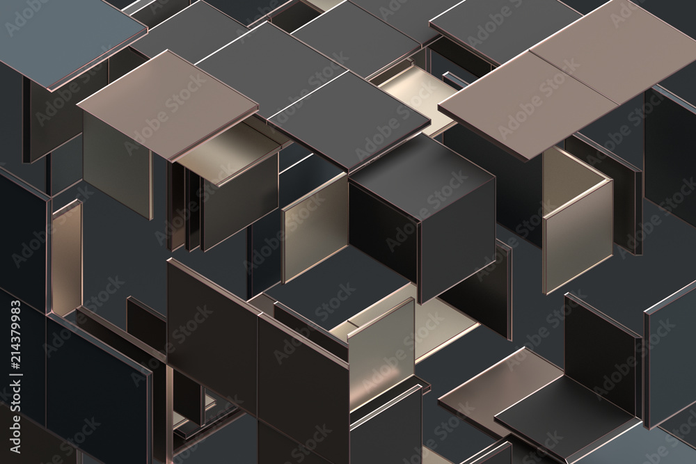 Poster Abstract 3d rendering of geometric shapes. Composition with squares. Cube design. Modern background for poster, cover, branding, banner, placard.