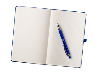 An open blue pad with a pen isolated on a white background.