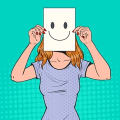 Pop-Art-Frau mit Smiley-Emoticon auf Papierblatt. Glückliches Mädchen mit einem Emoticon mit lächelndem Gesicht. Vektor-Illustration © Pavlo Syvak