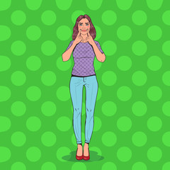 Pop Art Woman Making Fake Smile with Her Fingers. Positive Facial Expression. Vector illustration