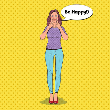 Pop Art Woman Making Fake Smile with Her Fingers. Positive Facial Expression. Vector illustration