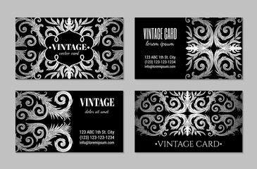 French baroque elegant ornate visiting cards. Luxurious fashionable silver ornamental flyer design. Vintage fancy ornament decoration. Pathetic retro embellishment. EPS 10 vector brochure template