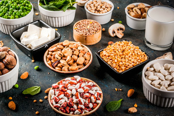 Healthy diet vegan food, veggie protein sources: Tofu, vegan milk, beans, lentils, nuts, soy milk, spinach and seeds. Top view on white table.