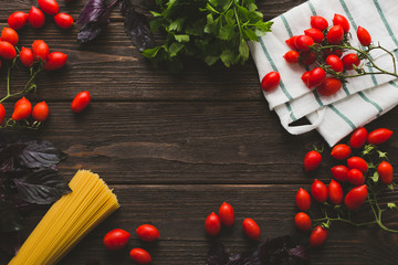 Spaghetti Food Frame Tomatoes Cherry Basil and Celery on the Wood Background
