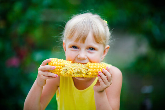 The cheerful girl eats corn on a farm.