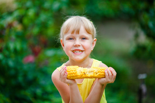 The cheerful girl eats corn on a farm.