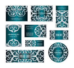 French baroque style elegant ornate visiting cards. Luxurious fashionable ornamental flyer design. Vintage fancy ornament decoration. Pathetic retro embellishment. EPS 10 vector brochure template