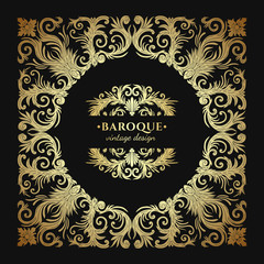Baroque style gold ornament design. Retro ornamental gradient golden metallic background. Baguette frame. Vintage decorative pattern. Antique graphic border. EPS 10 vector illustration.
