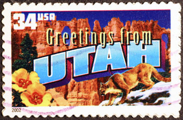 Greetings from Utah postcard on postage stamp