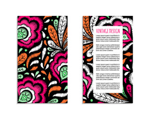 Embroidery style flyer with bright colorful flower and leaf pattern. Ethnic ornamental blanks. Rustic design brochures inspired by russian khokhloma ornament. EPS 10 vector. Clipping masks