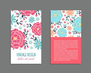 Embroidery style flyer with bright colorful flower and leaf pattern. Ethnic ornamental blanks. Rustic design ornament brochures. EPS 10 vector. Clipping masks