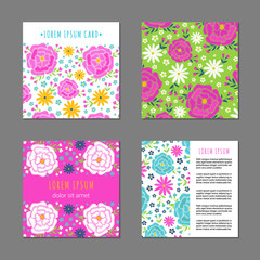 Embroidery vintage style square card set with bright colorful spring flower and leaf pattern. Ethnic ornamental blanks. Rustic design ornament brochures. EPS 10 vector. Clipping masks