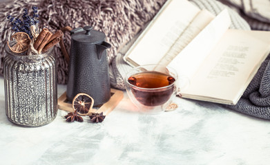 A cup of tea on the table in the interior of the house