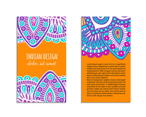 Indian style bright colorful mehendi ornament flyer. Front and back pages. Ornamental vertical blank with ethnic motifs. Paper brochure template. Oriental design concept. EPS 10 vector illustration.