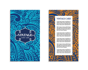 Indian style bright colorful mehendi ornament flyer. Front and back pages. Ornamental vertical blank with ethnic motifs. Paper brochure template. Oriental design concept. EPS 10 vector illustration.