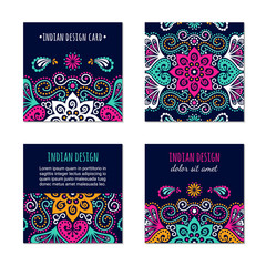 Indian style bright colorful mehendi ornament square cards. Front and back pages. Ornamental vertical blank with ethnic motifs. Paper brochure template. Oriental design concept. EPS 10 vector flyer.
