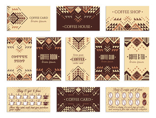 Visit card design set with loyalty program for coffee shops, tea houses and rooms in african style. Vertical, horizontal layouts. Ethnic design ornament. EPS 10 vector template collection. - Powered by Adobe