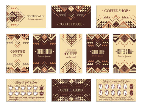 Visit card design set with loyalty program for coffee shops, tea houses and rooms in african style. Vertical, horizontal layouts. Ethnic design ornament. EPS 10 vector template collection.