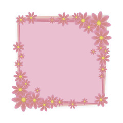Obraz premium A vector square frame of pink color with a composition of flowers with yellow centers in the corners of an object isolated on a white background.