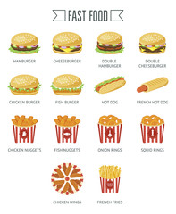 Fast food icon set. Flat design. Vector