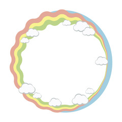 Round frame wreath of rainbow stripes and white clouds, the edge of blue sky vector object isolated on white background.