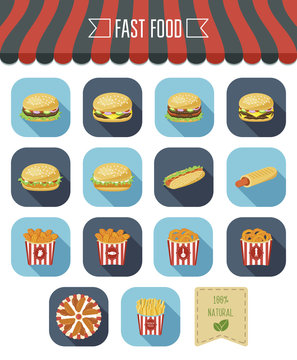 Fast food icon set and eco label. Flat design. Vector