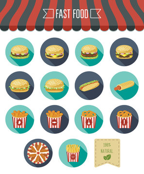 Fast food icon set whit eco label. Flat design. Vector